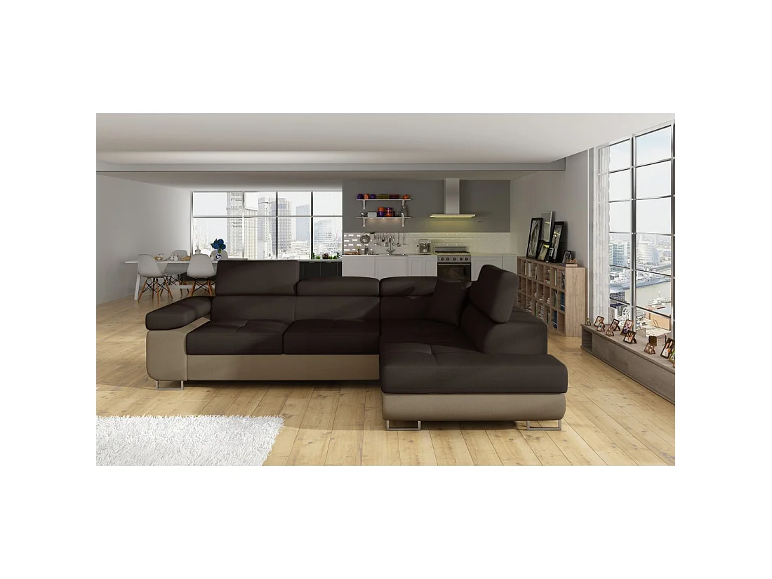 Canapé d'angle convertible MENTON marron chocolat et beige – Angle droit avec coffre