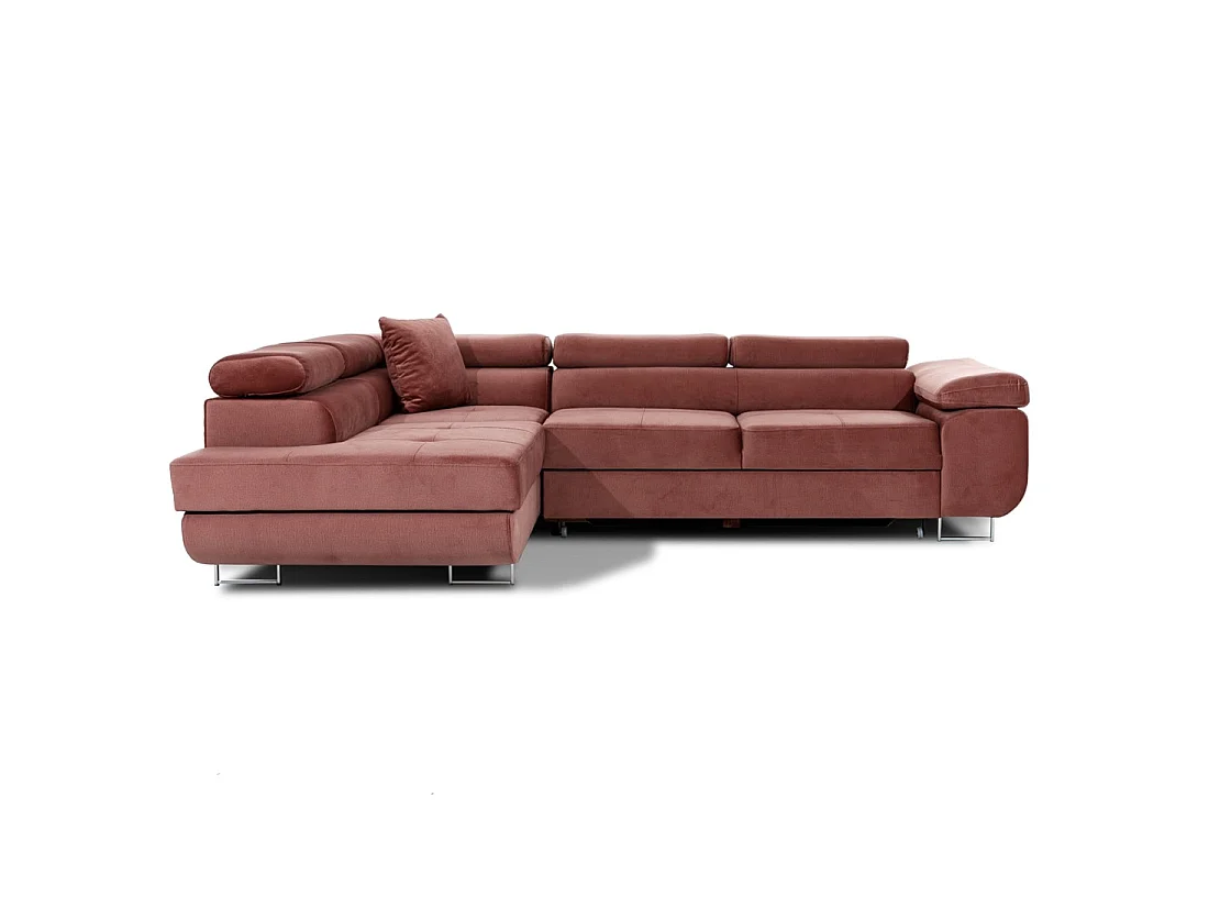 Canapé d'angle convertible MENTON rose velours – Angle gauche avec coffre