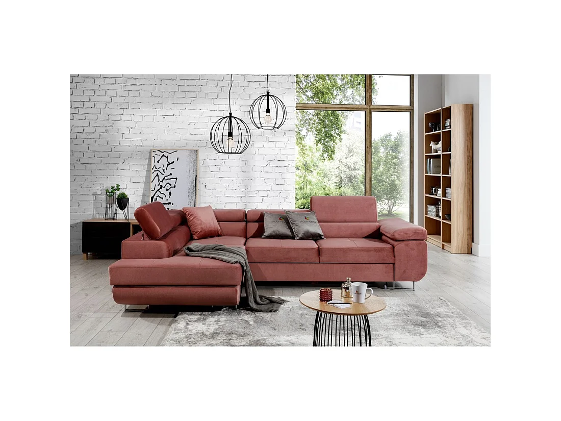 Canapé d'angle convertible MENTON rose velours – Angle gauche avec coffre