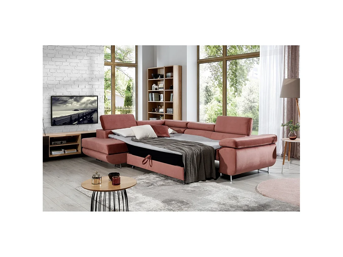Canapé d'angle convertible MENTON rose velours – Angle gauche avec coffre
