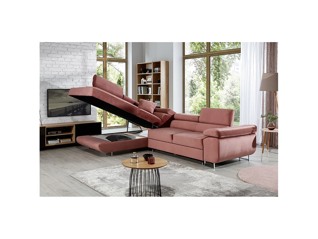 Canapé d'angle convertible MENTON rose velours – Angle gauche avec coffre