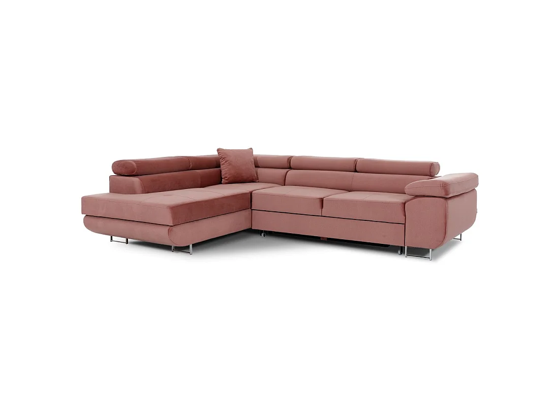 Canapé d'angle convertible MENTON rose velours – Angle gauche avec coffre