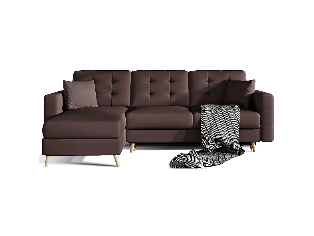 Canapé d'angle convertible HASGARD 3 places marron 248x162 cm – coffre et pieds bois