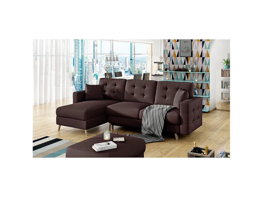 Canapé d'angle convertible HASGARD 3 places marron 248x162 cm – coffre et pieds bois