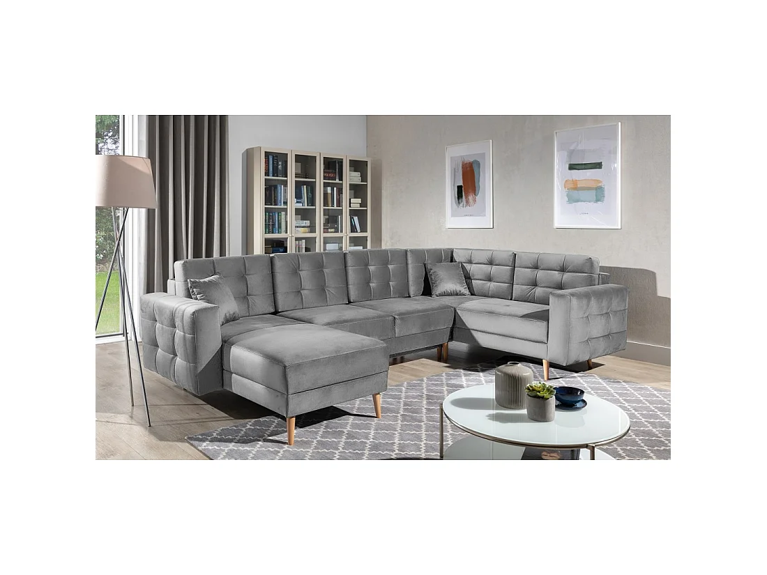 Canapé d'angle panoramique convertible U HASGARD 326 cm gris clair velours avec coffre