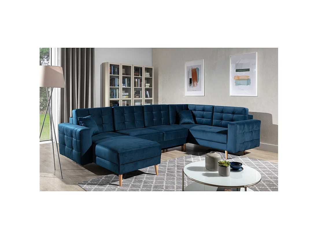 Sofá esquinero panorámico convertible HASGARD U 326x202 cm azul petróleo terciopelo