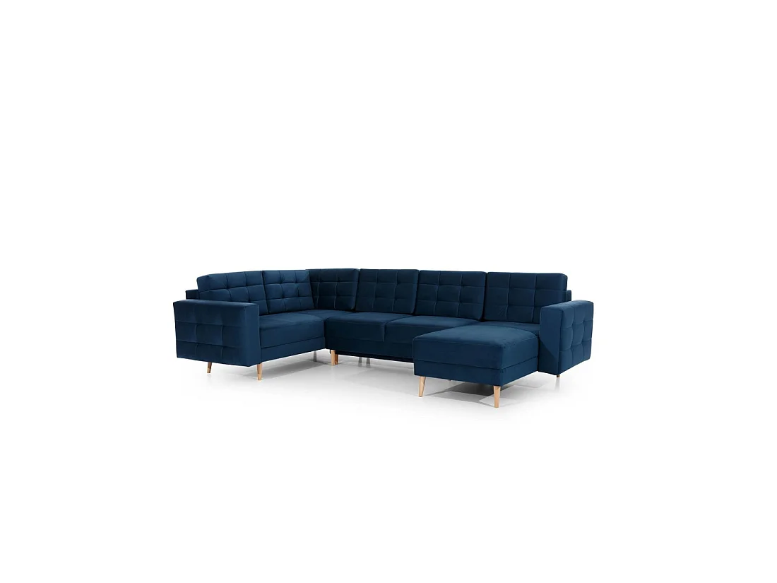 Sofá esquinero panorámico convertible HASGARD U 326x202 cm azul petróleo terciopelo