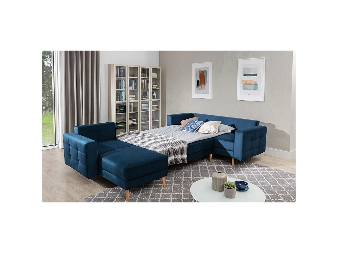 Sofá esquinero panorámico convertible HASGARD U 326x202 cm azul petróleo terciopelo