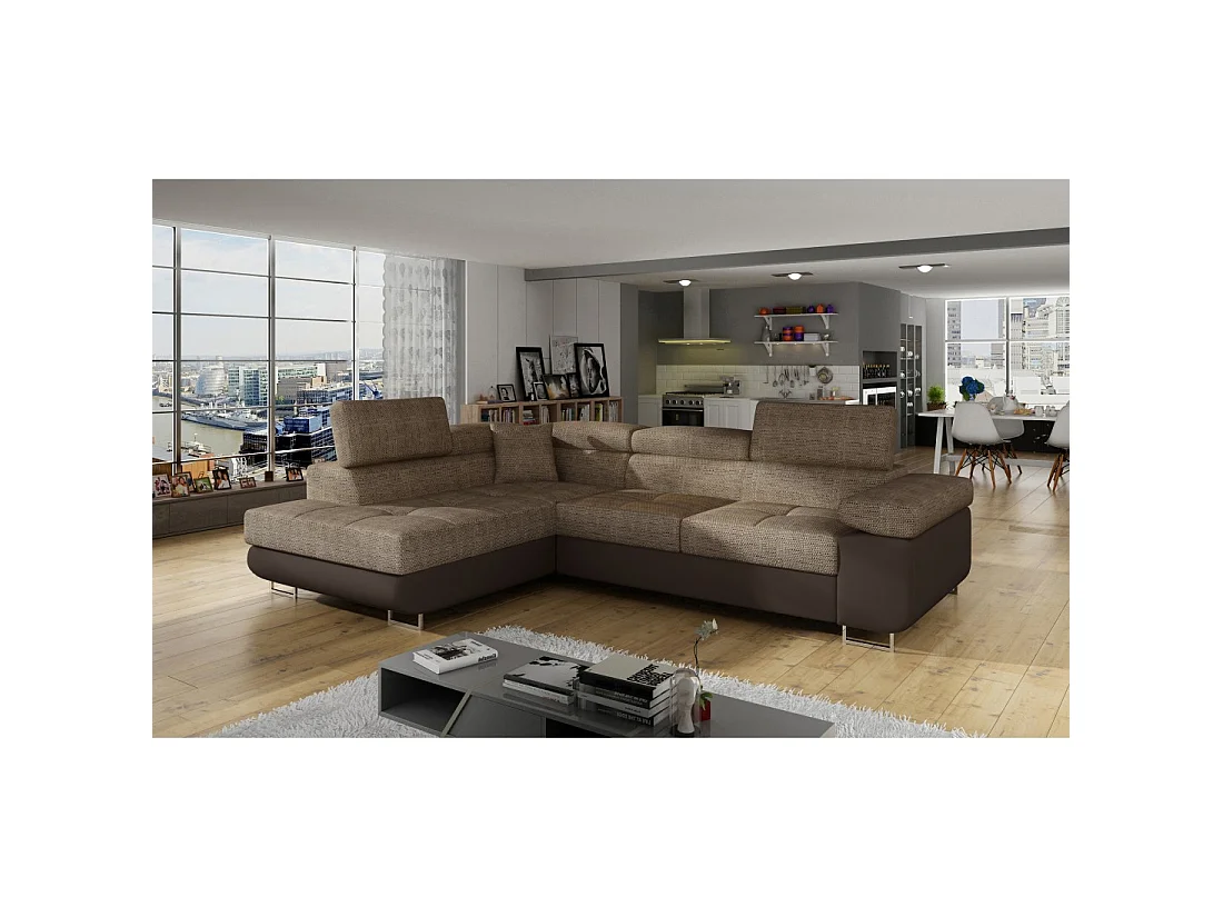 Canapé d'angle convertible MENTON beige et chocolat bouclé – Angle gauche avec coffre