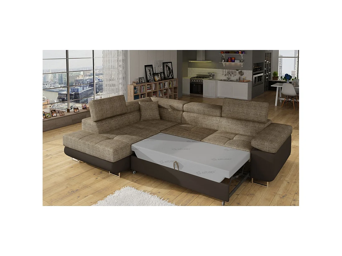 Canapé d'angle convertible MENTON beige et chocolat bouclé – Angle gauche avec coffre