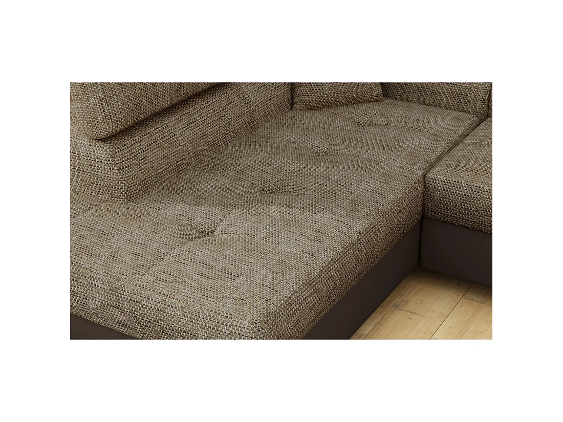 Canapé d'angle convertible MENTON beige et chocolat bouclé – Angle gauche avec coffre