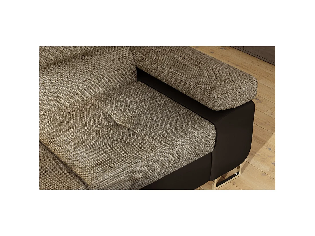 Canapé d'angle convertible MENTON beige et chocolat bouclé – Angle gauche avec coffre