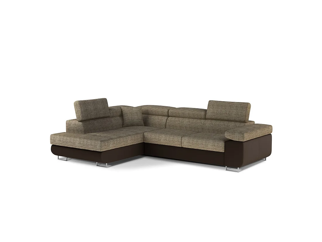 Canapé d'angle convertible MENTON beige et chocolat bouclé – Angle gauche avec coffre