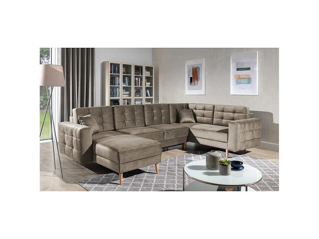 Canapé d'angle panoramique convertible U HASGARD 326 cm marron velours avec coffre