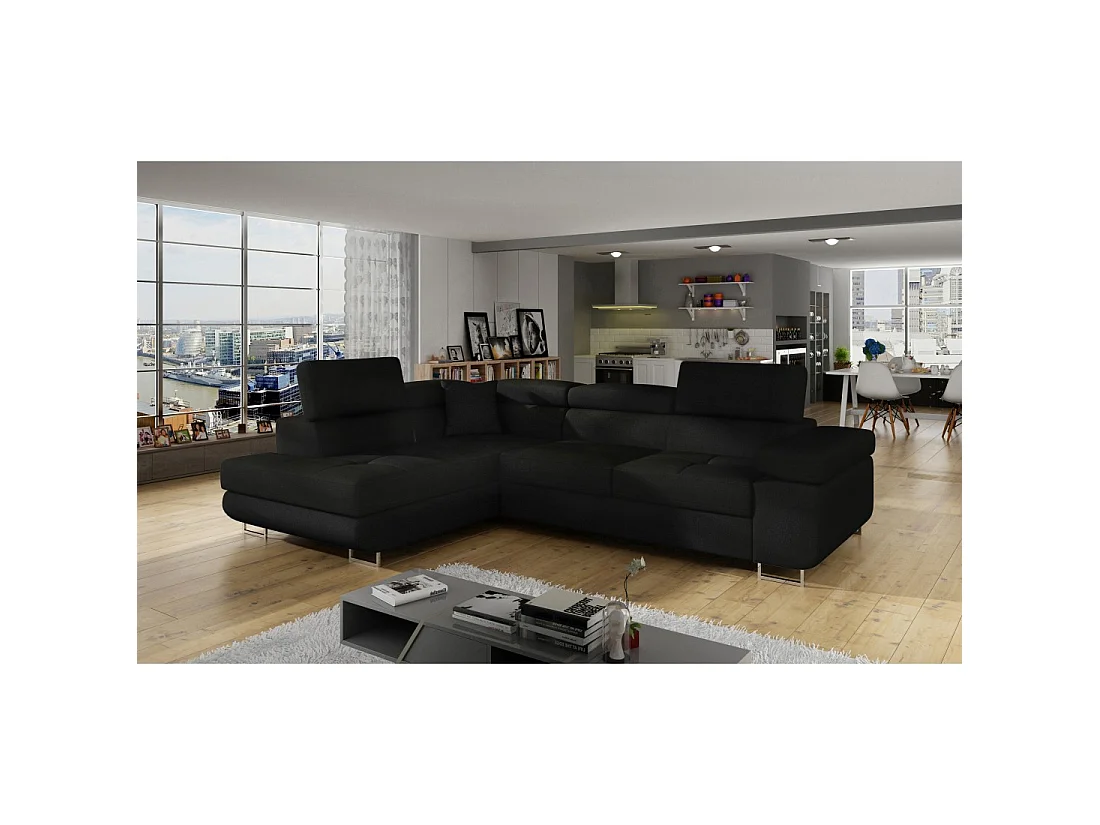 Canapé d'angle convertible MENTON noir – Angle gauche avec coffre