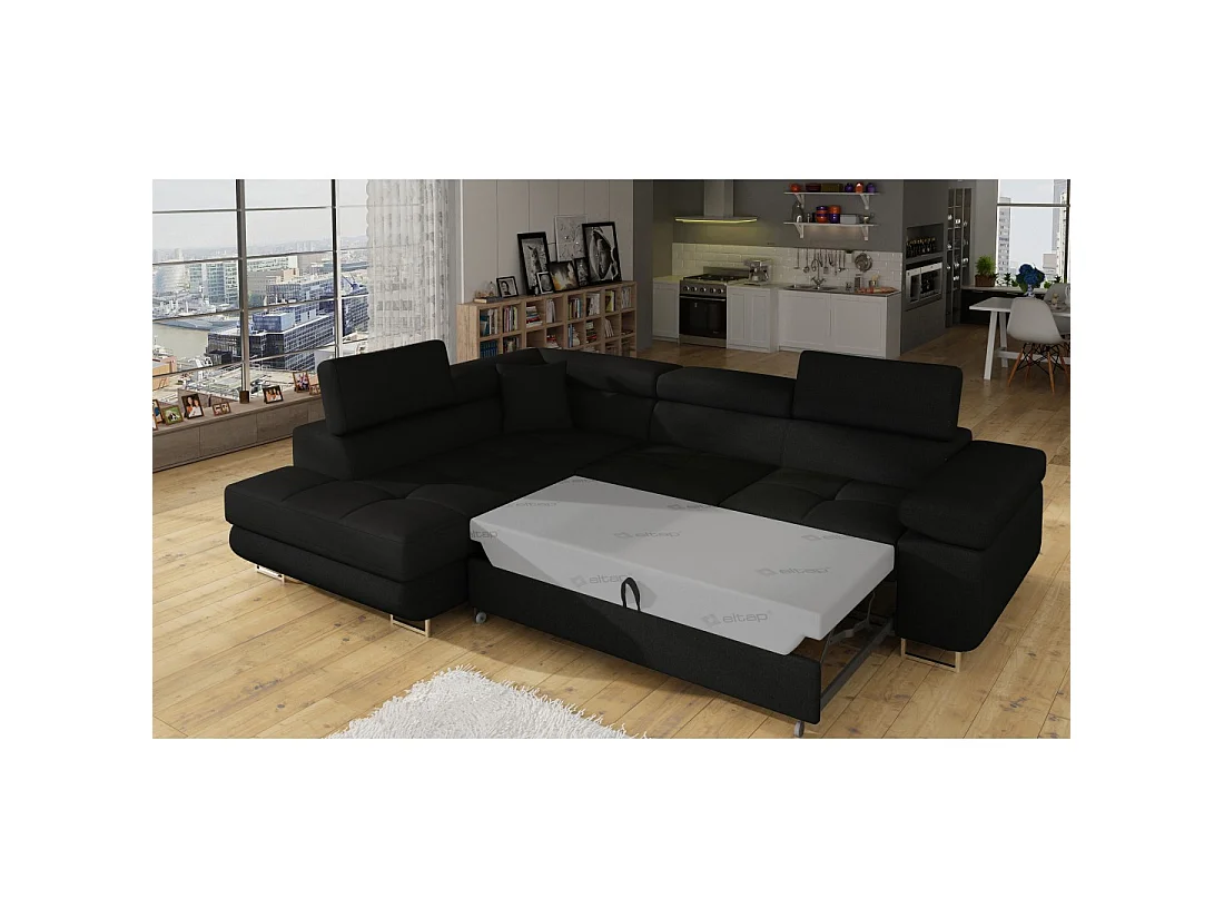 Canapé d'angle convertible MENTON noir – Angle gauche avec coffre