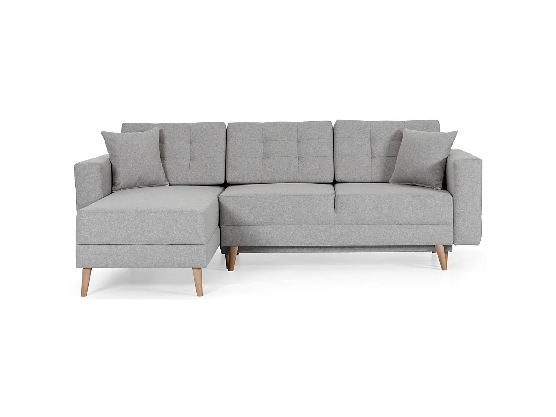Canapé d'angle convertible HASGARD 3 places gris 248x162 cm – coffre et pieds bois