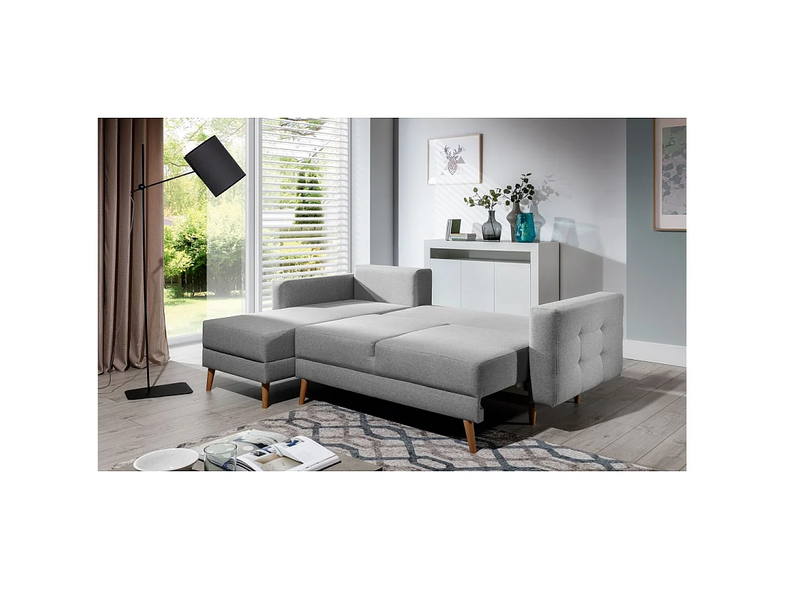 Canapé d'angle convertible HASGARD 3 places gris 248x162 cm – coffre et pieds bois
