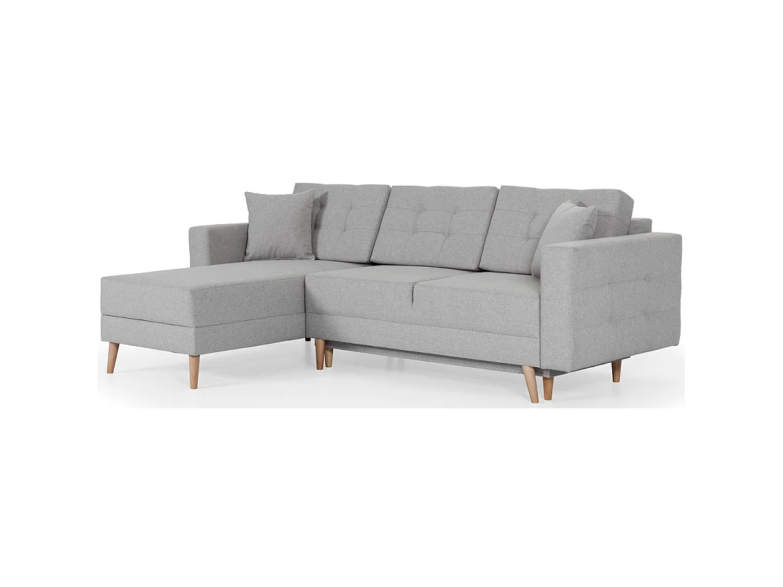 Canapé d'angle convertible HASGARD 3 places gris 248x162 cm – coffre et pieds bois