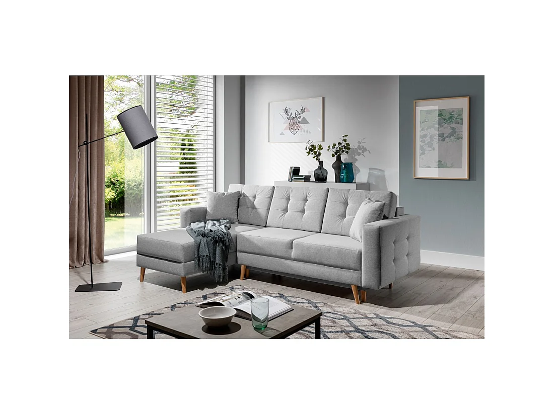Canapé d'angle convertible HASGARD 3 places gris 248x162 cm – coffre et pieds bois