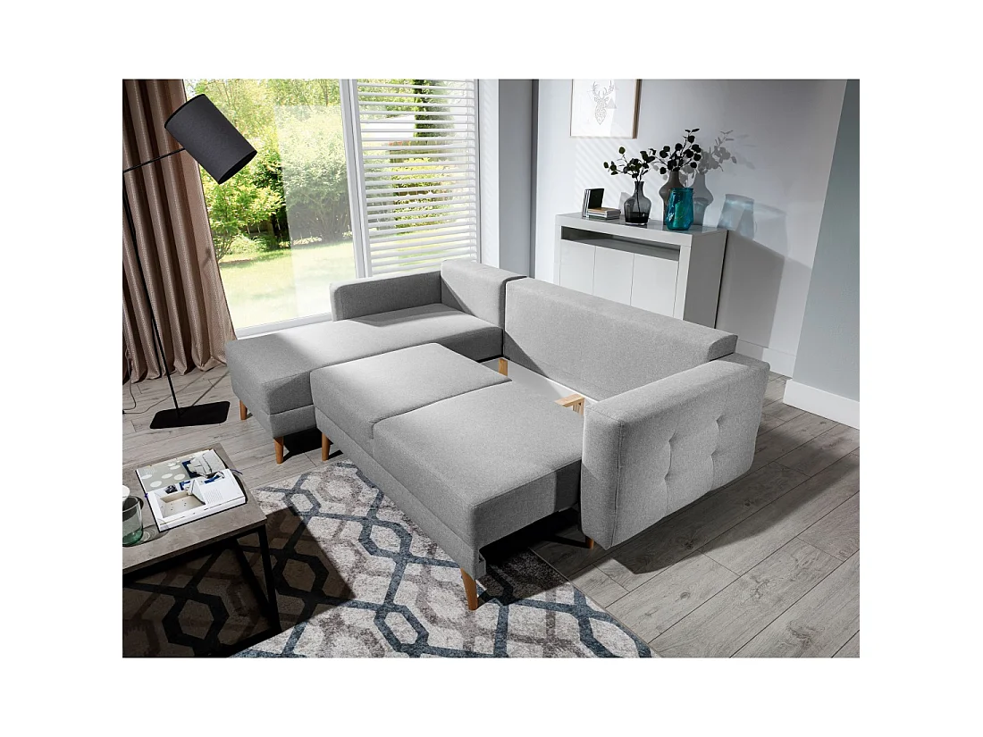 Canapé d'angle convertible HASGARD 3 places gris 248x162 cm – coffre et pieds bois