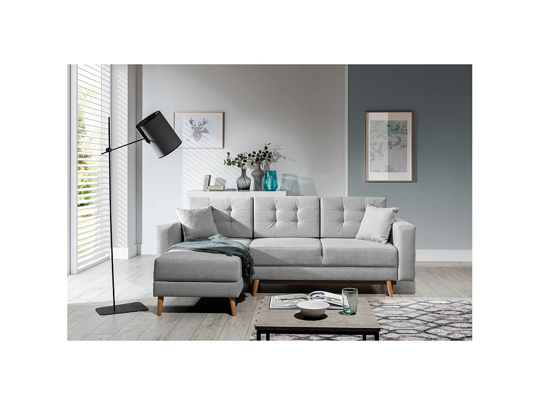 Sofá de esquina convertible HASGARD 3 plazas gris 248x162 cm – con almacenamiento y patas de madera