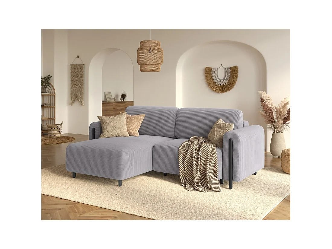 Canapé d'angle convertible ARVESSA gris clair velours côtelé – Angle gauche avec coffre