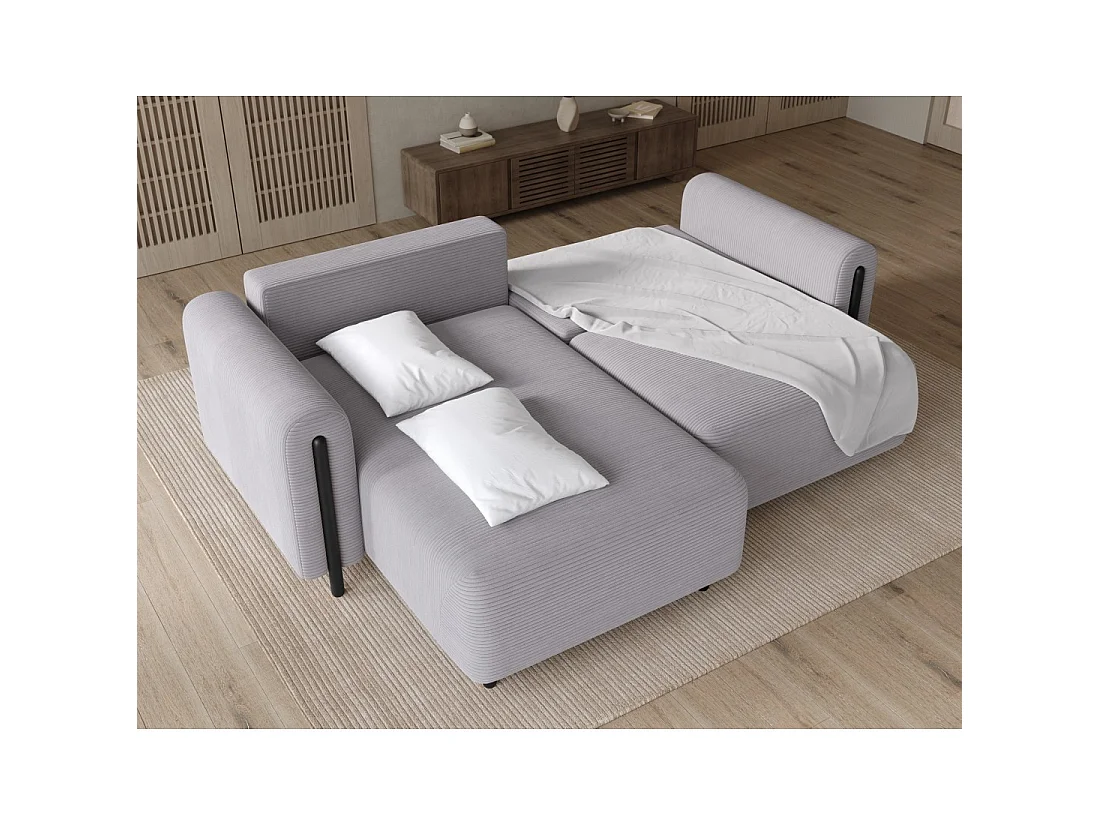 Canapé d'angle convertible ARVESSA gris clair velours côtelé – Angle gauche avec coffre