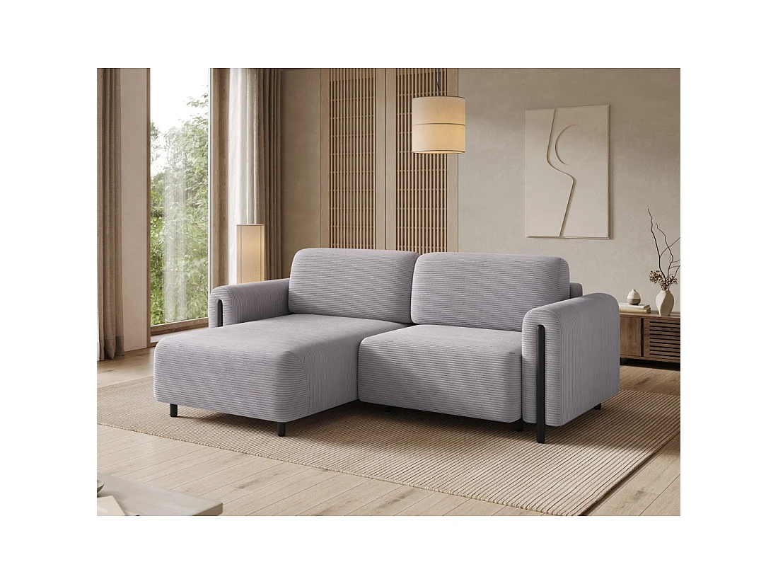 Canapé d'angle convertible ARVESSA gris clair velours côtelé – Angle gauche avec coffre