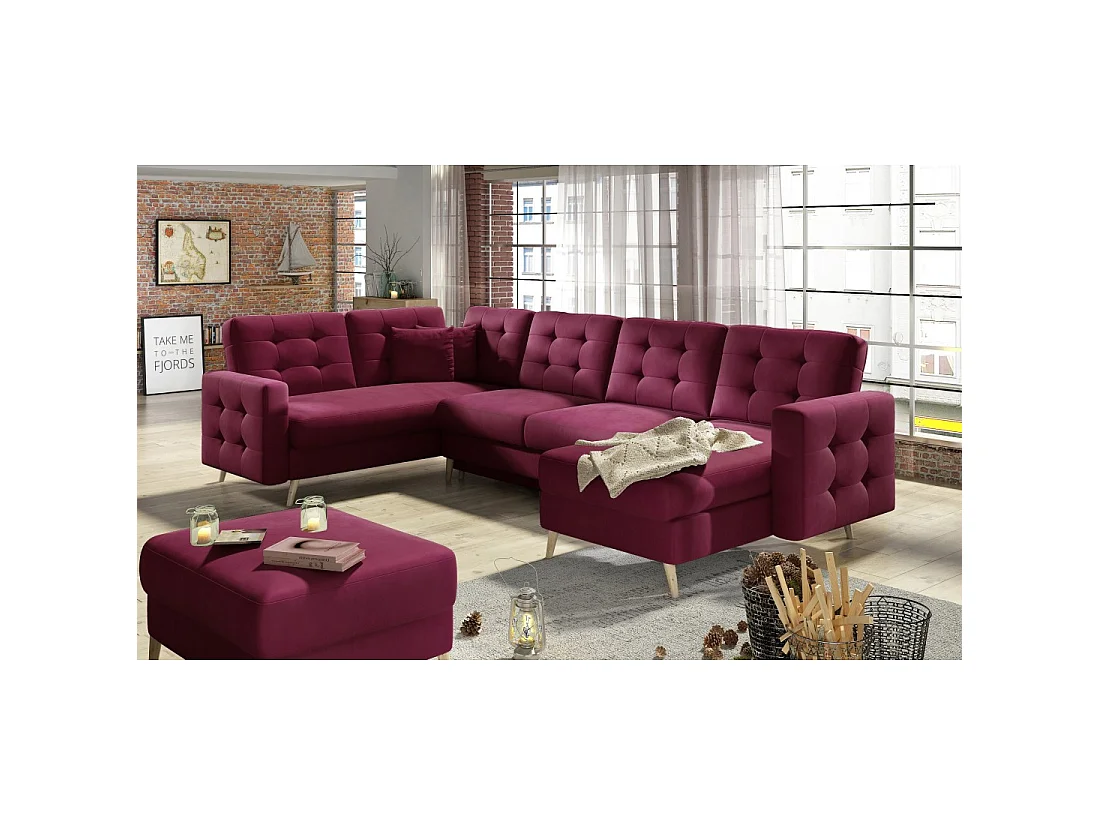 Canapé d'angle panoramique convertible HASGARD U 326 cm pourpre avec coffre