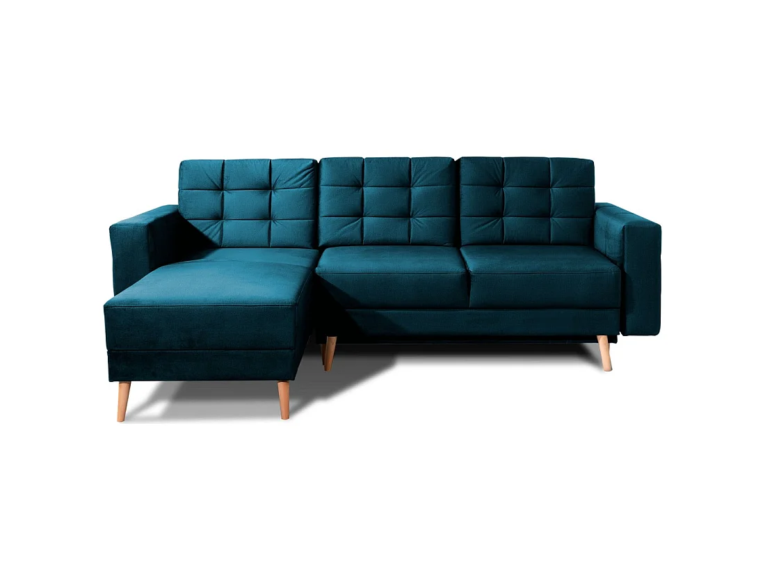 Canapé d'angle convertible HASGARD 3 places bleu foncé 248x162 cm – coffre et pieds bois
