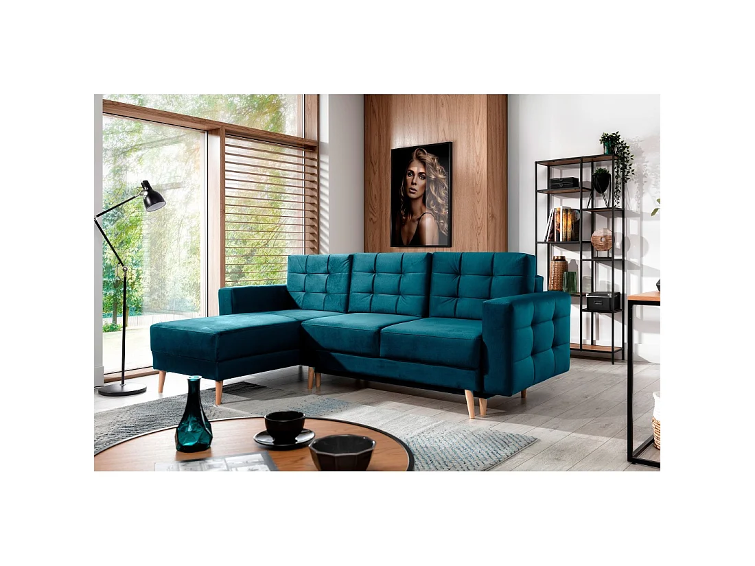 Canapé d'angle convertible HASGARD 3 places bleu foncé 248x162 cm – coffre et pieds bois
