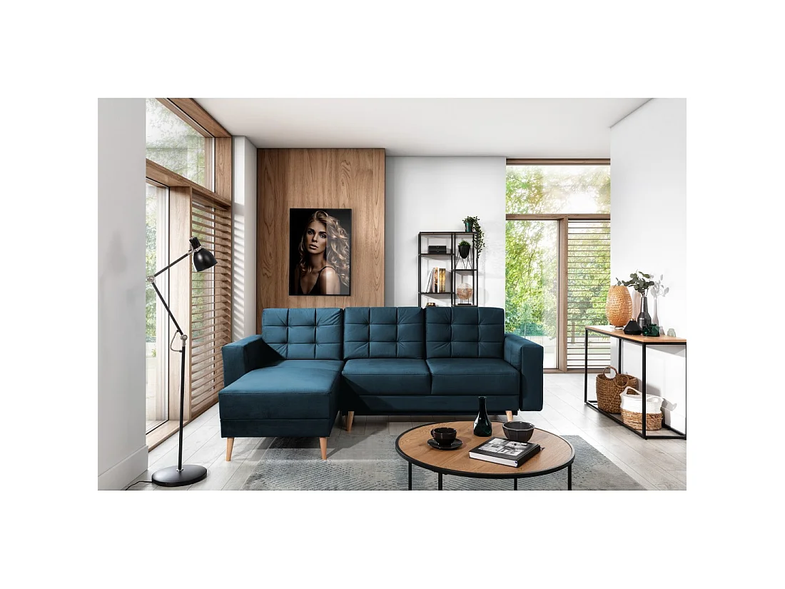Canapé d'angle convertible HASGARD 3 places bleu foncé 248x162 cm – coffre et pieds bois