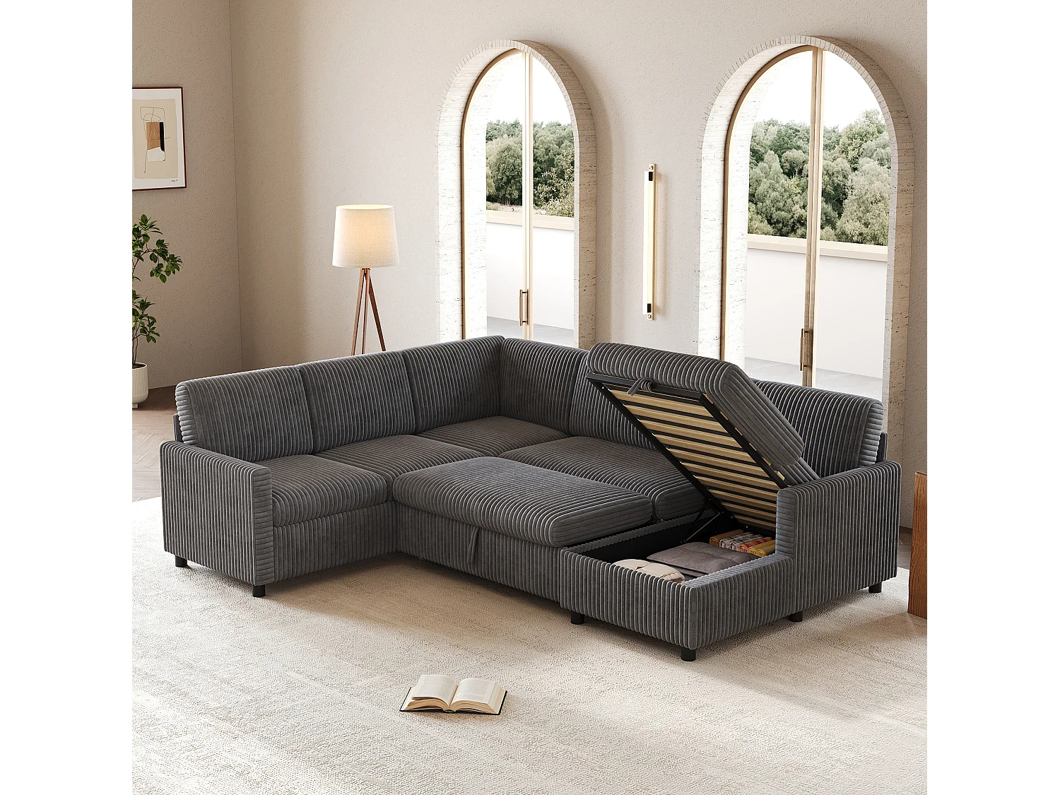 Canapé d'angle en U moderne - avec espace de rangement - avec espace de rangement - canapé convertible avec fonction couchage - velours côtelé - gris