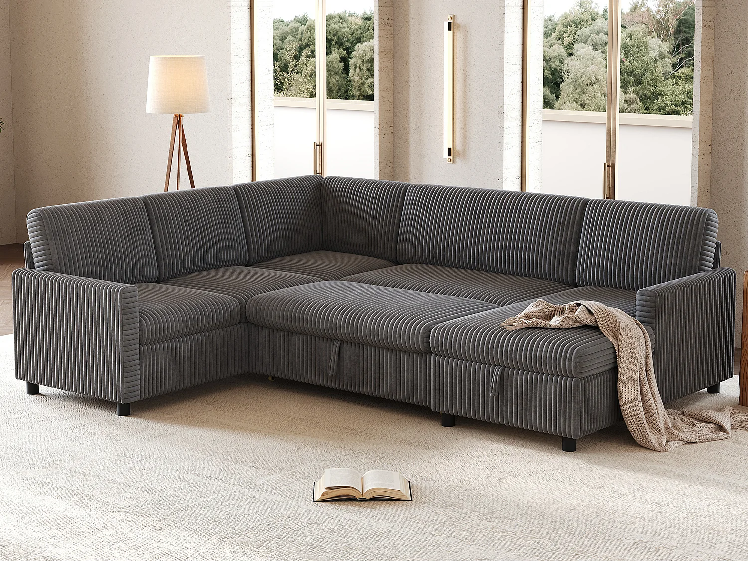 Canapé d'angle en U moderne - avec espace de rangement - avec espace de rangement - canapé convertible avec fonction couchage - velours côtelé - gris