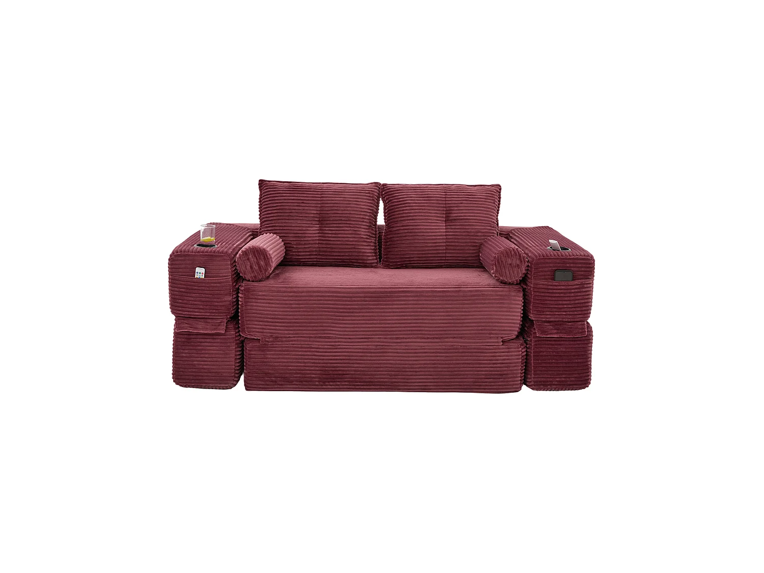 Canapé 2 places convertible avec 2 coussins - Canapé-lit en velours côtelé rouge bordeaux