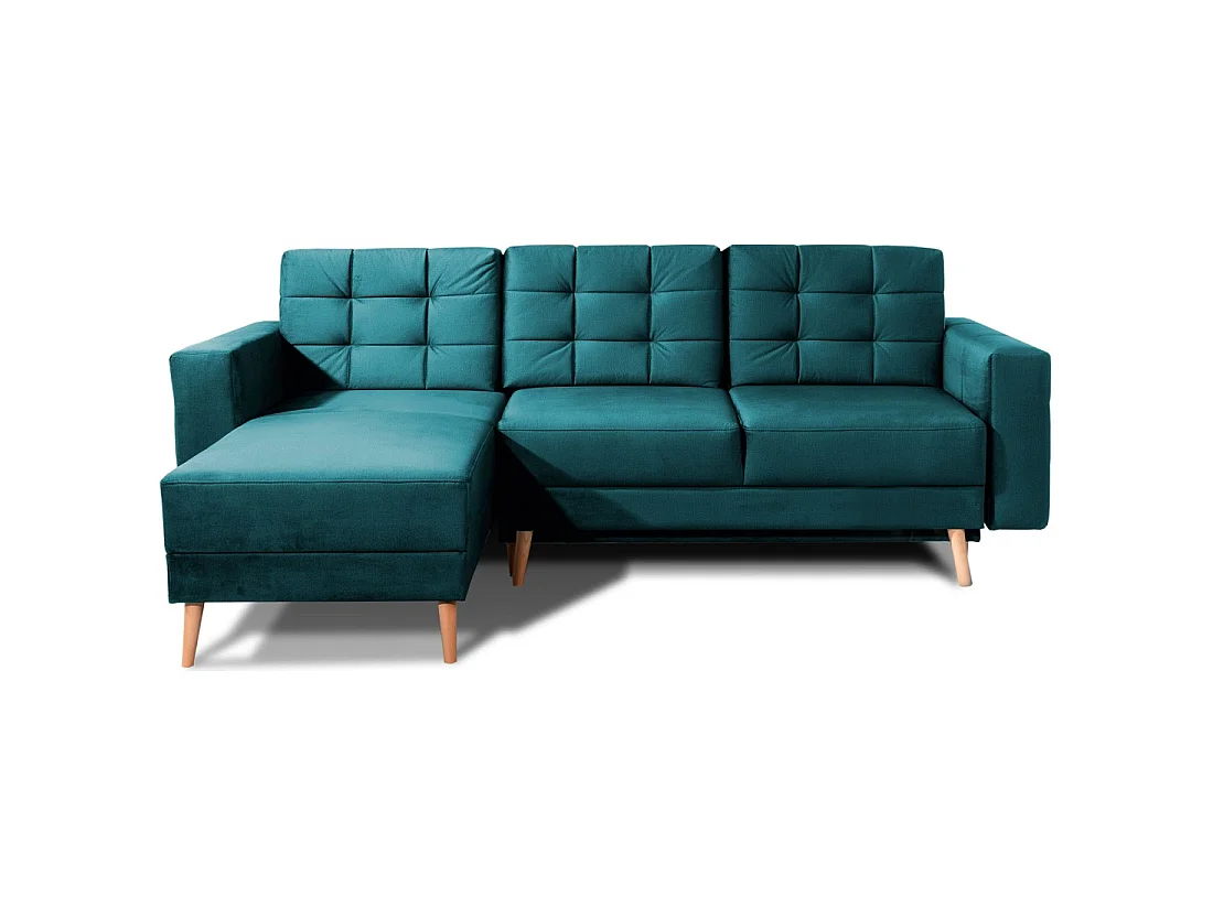 Canapé d'angle convertible HASGARD 3 places vert foncé 248x162 cm – coffre et pieds bois