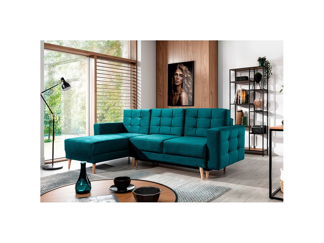 Canapé d'angle convertible HASGARD 3 places vert foncé 248x162 cm – coffre et pieds bois