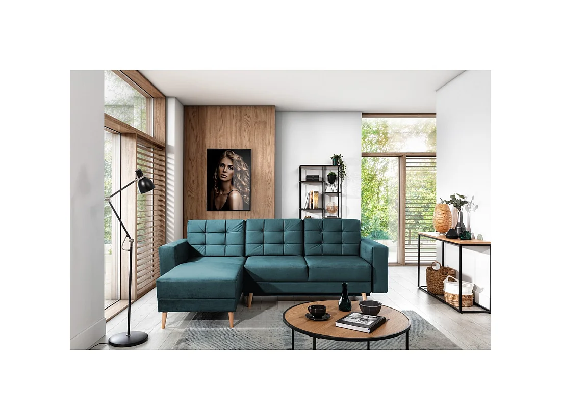 Canapé d'angle convertible HASGARD 3 places vert foncé 248x162 cm – coffre et pieds bois