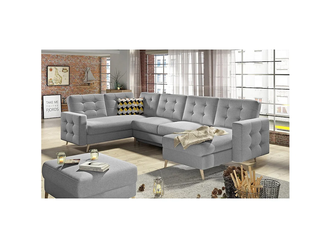 Canapé d'angle panoramique convertible U HASGARD 326 cm gris clair avec coffre