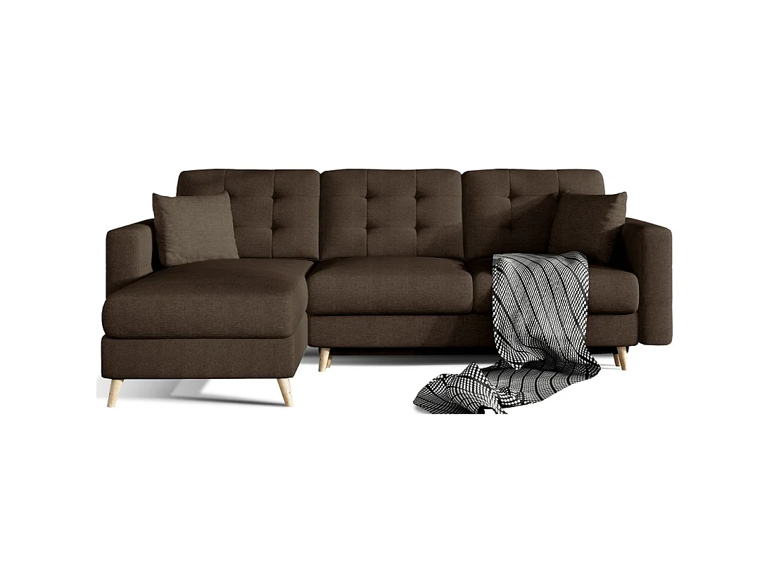 Canapé d'angle convertible HASGARD 3 places marron 248x162 cm – coffre et pieds bois