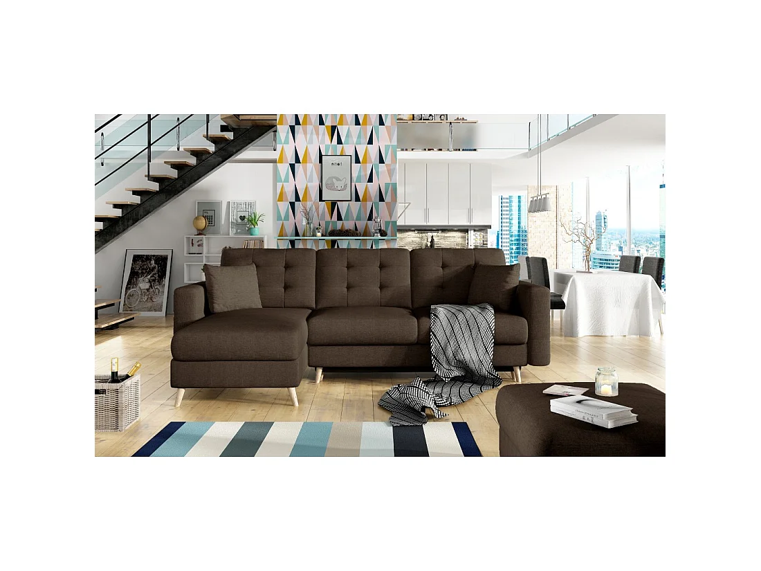 Canapé d'angle convertible HASGARD 3 places marron 248x162 cm – coffre et pieds bois