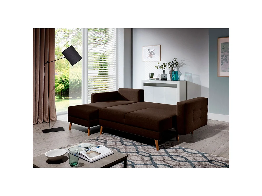 Canapé d'angle convertible HASGARD 3 places marron 248x162 cm – coffre et pieds bois