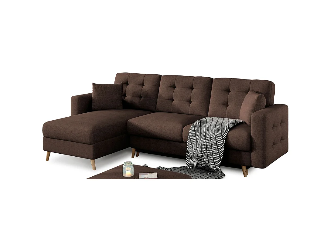 Canapé d'angle convertible HASGARD 3 places marron 248x162 cm – coffre et pieds bois