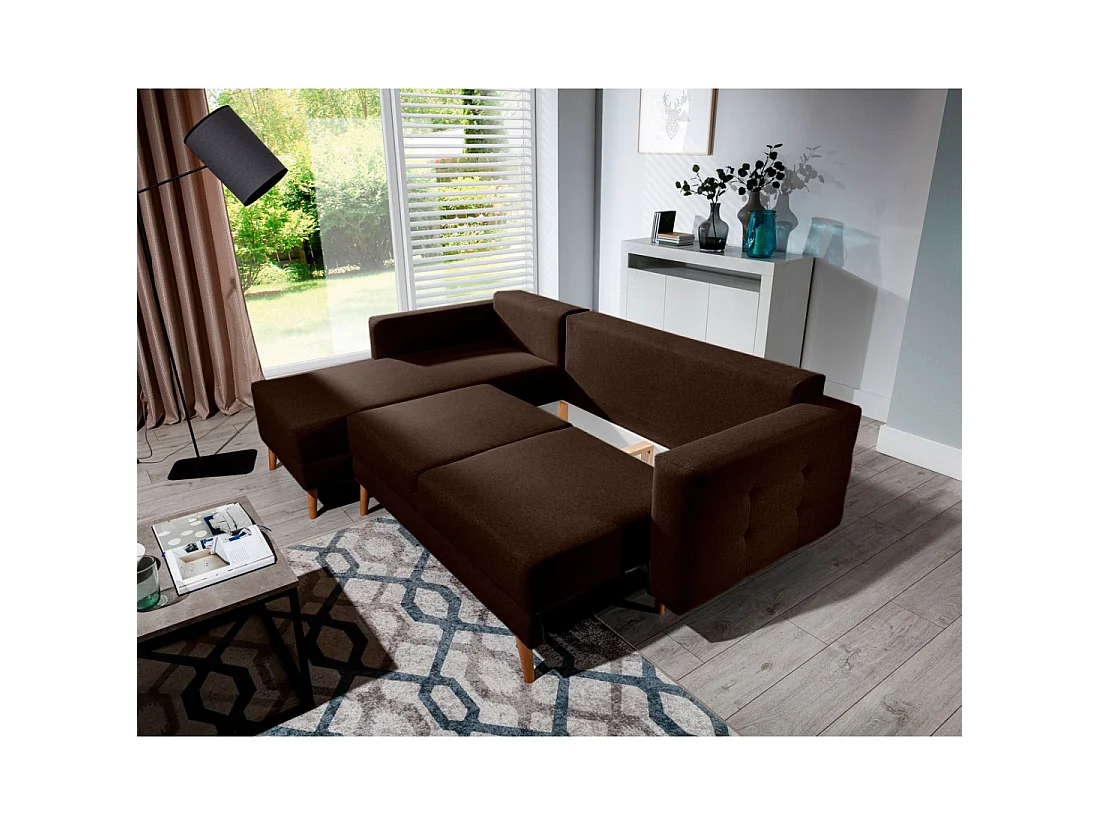 Canapé d'angle convertible HASGARD 3 places marron 248x162 cm – coffre et pieds bois