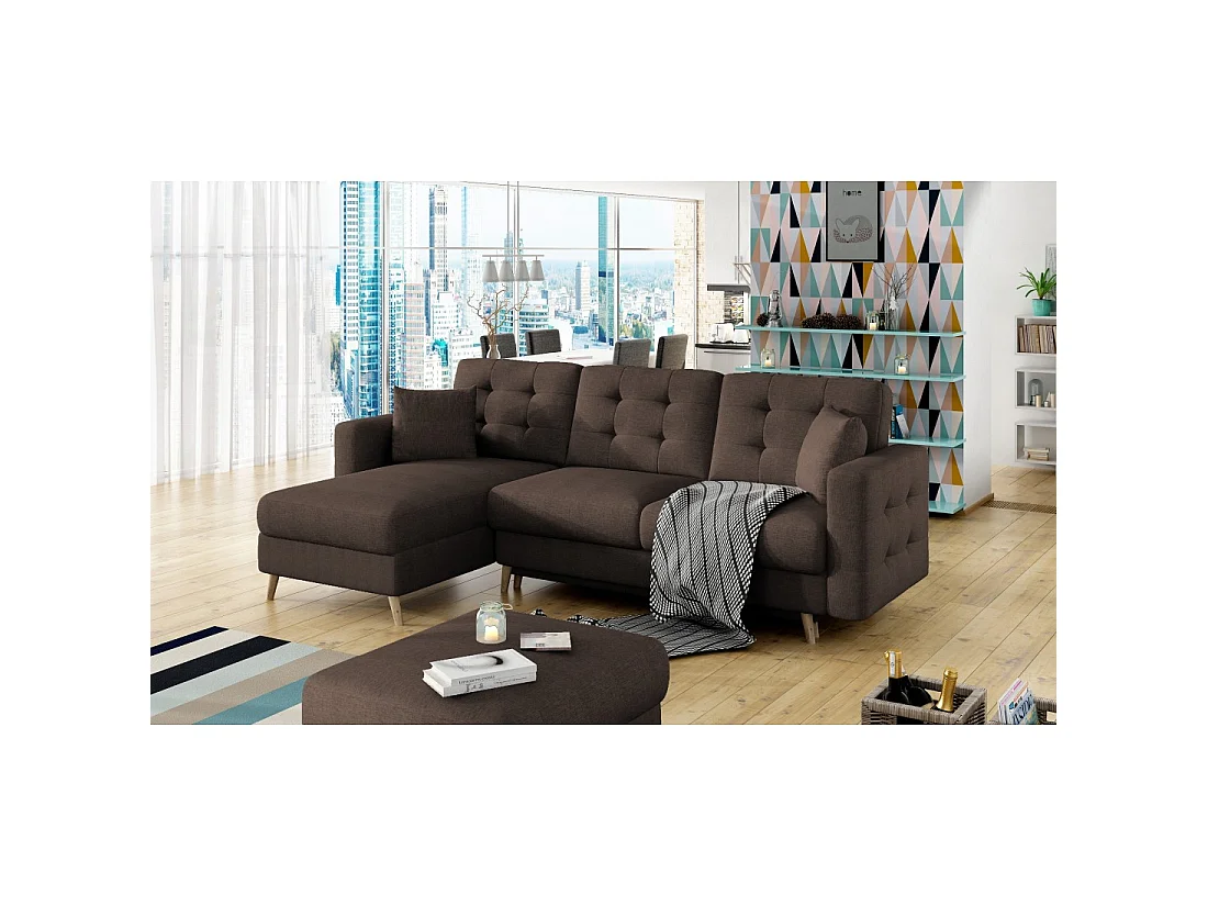 Canapé d'angle convertible HASGARD 3 places marron 248x162 cm – coffre et pieds bois
