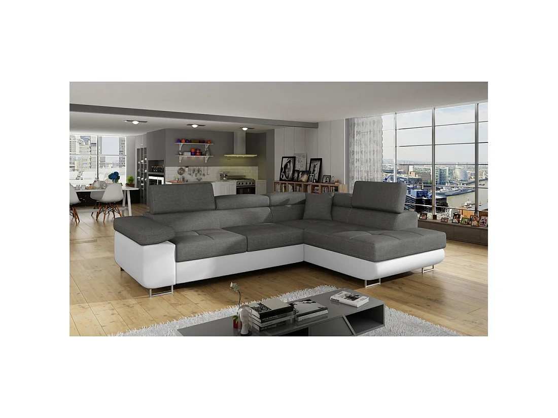 Canapé d'angle convertible MENTON gris clair et blanc – 4 places avec coffre