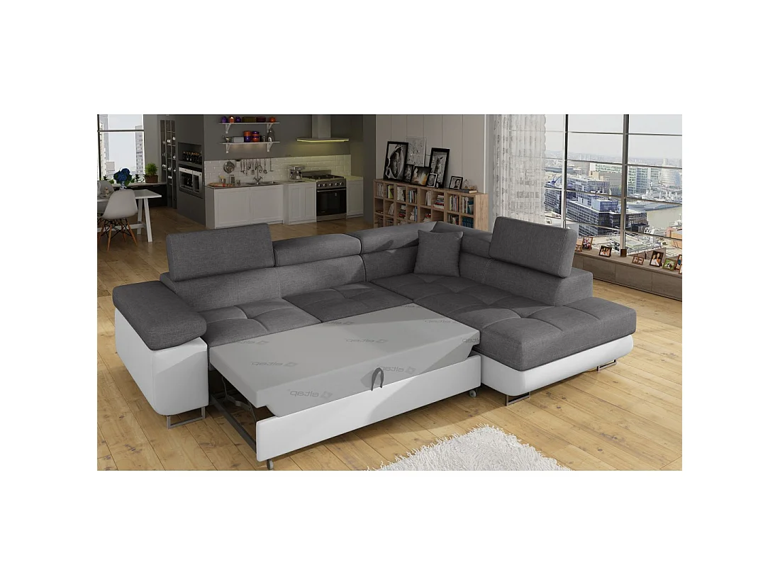 Canapé d'angle convertible MENTON gris clair et blanc – 4 places avec coffre