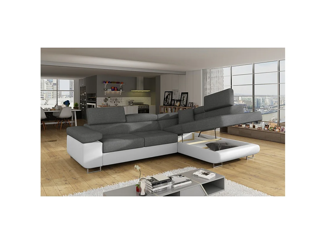 Canapé d'angle convertible MENTON gris clair et blanc – 4 places avec coffre