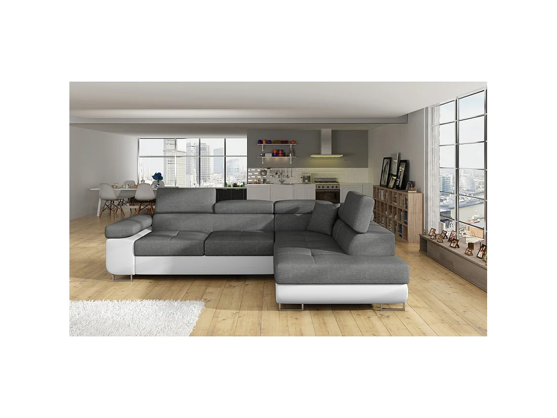 Canapé d'angle convertible MENTON gris clair et blanc – 4 places avec coffre